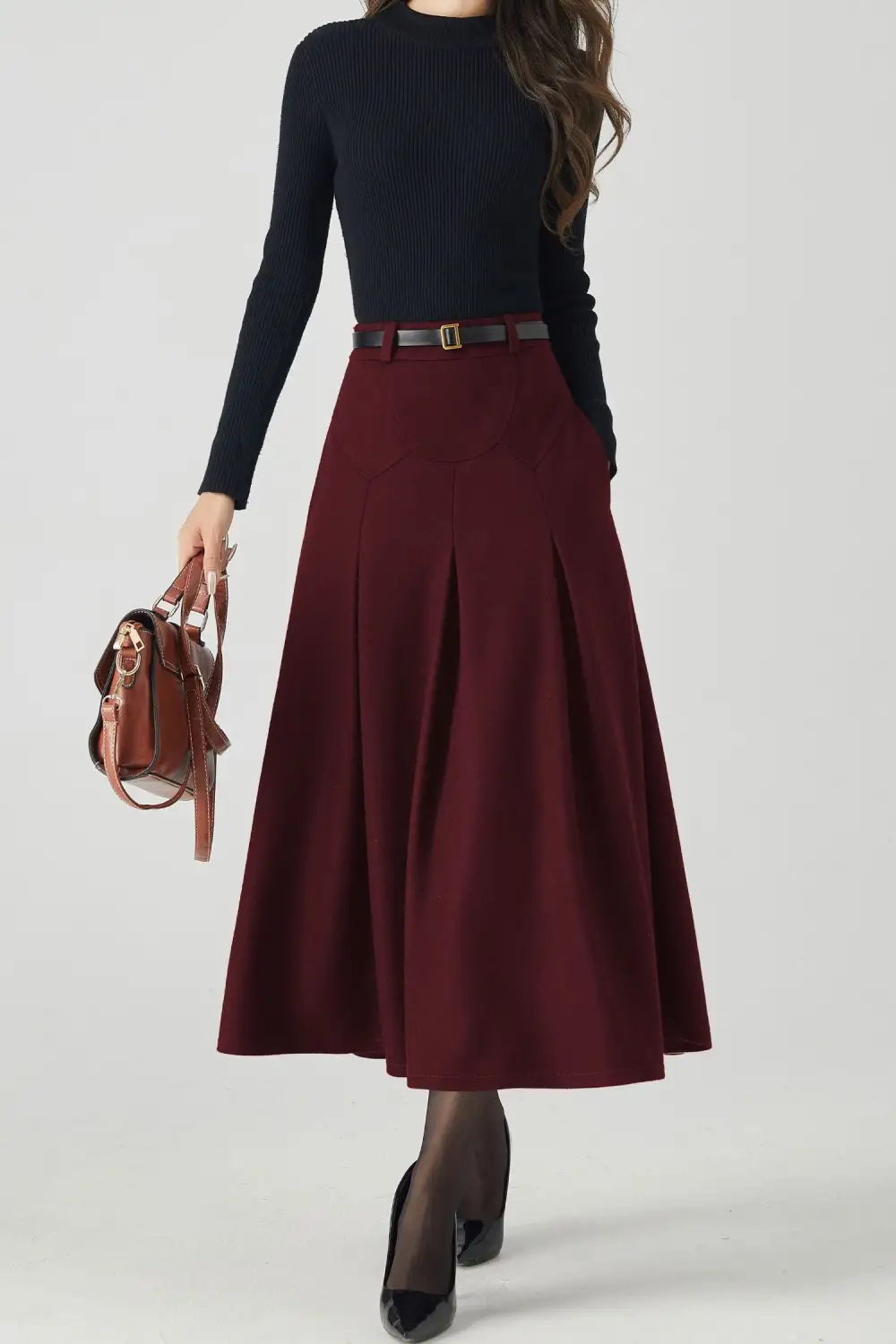 Artful Wool Blend Pleated A Line High Waist Midi Skirt