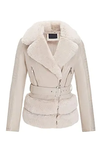 Women Faux Suede Leather Jacket Motorcycle Short Sherpa-Lined Coat with Removable Belt