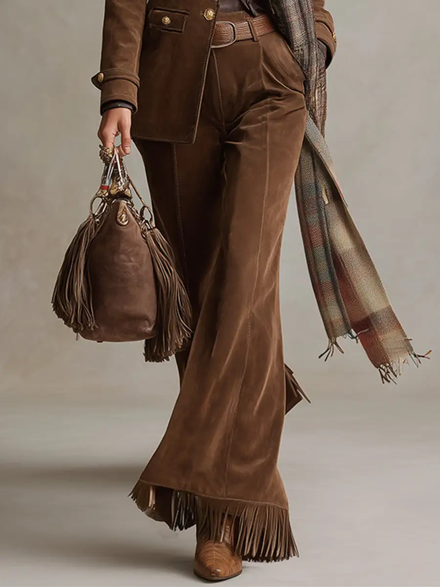 Faux-Suede Flared Tassel Pants