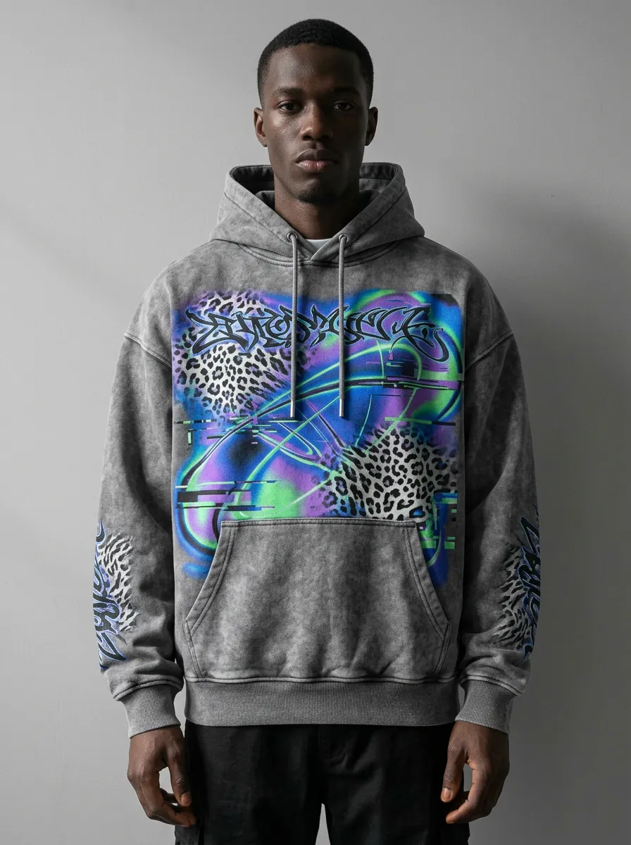 Men's Streetwear Graffiti Leopard Glitch Hoodie