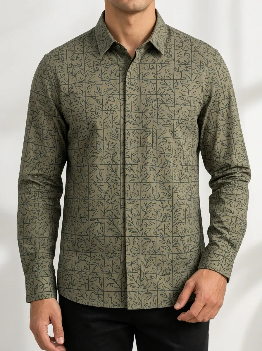 Men's Olive Leaf Long Sleeve Button Shirt