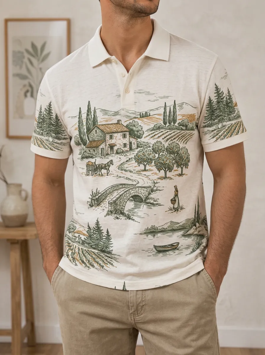 Men's Countryside Landscape Farmhouse Printed Polo Shirt