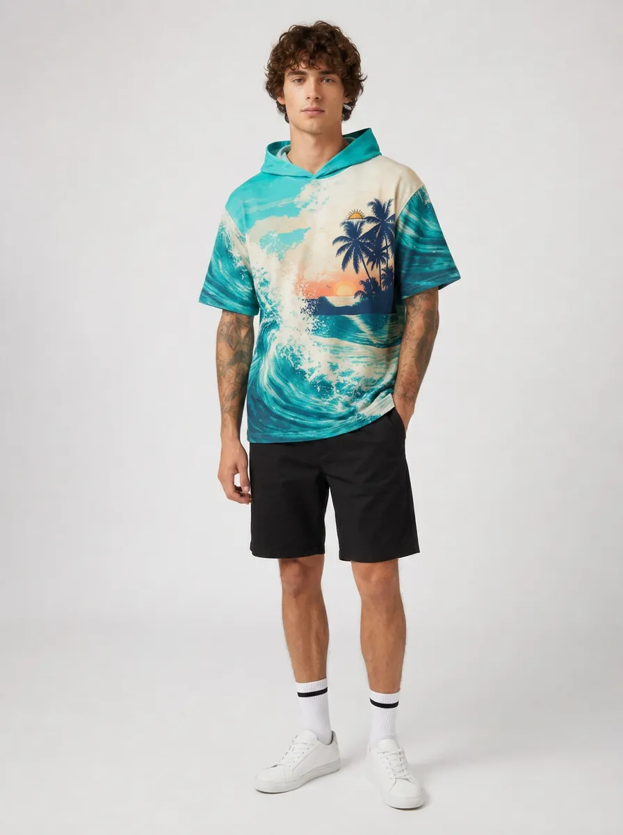 Men's Beach Vacation Tropical Sunset Wave Printed Hoodie T-shirt