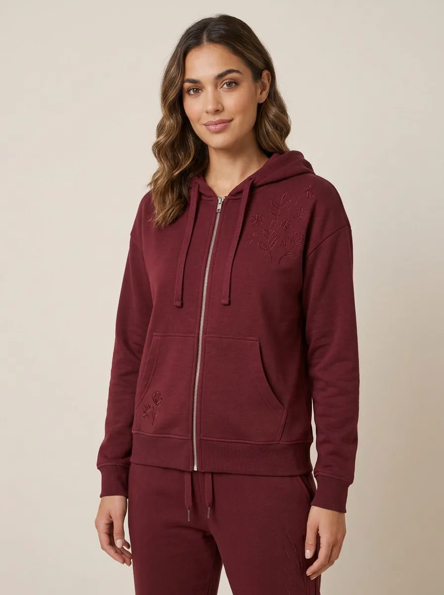 Women's Sage Green Floral Embroidered Classic Zip-Up Hoodie Jacket & Jogger Set