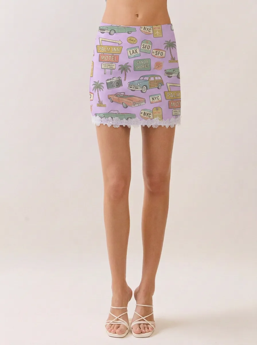 Women's Vintage Travel-Inspired Car Palm Tree Printed Mini Skirt
