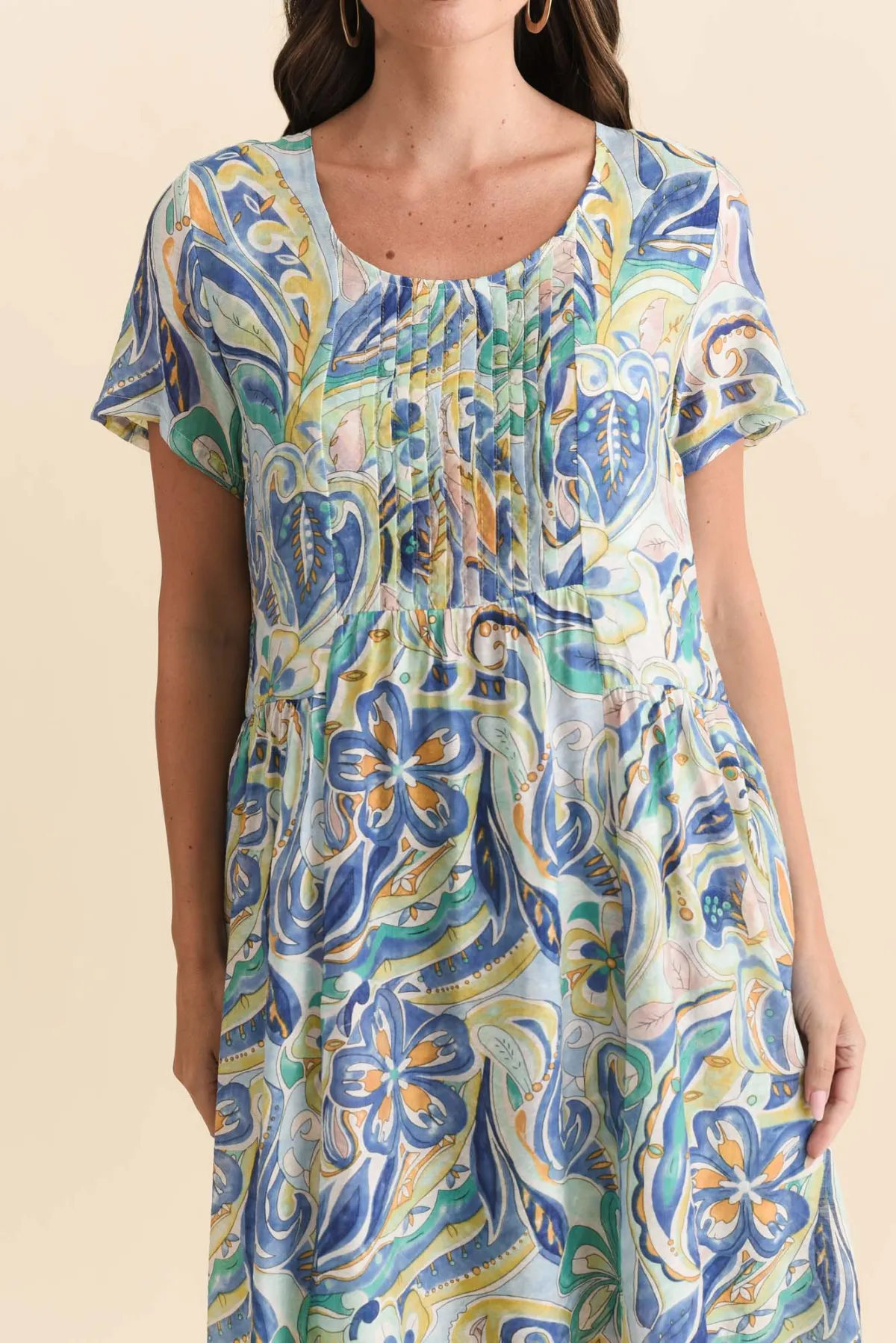 Floral Viscose Pocket Pleated Round-Neck Short-Sleeve Knee-Length Dress