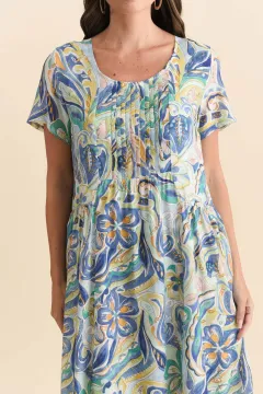 Floral Viscose Pocket Pleated Round-Neck Short-Sleeve Knee-Length Dress