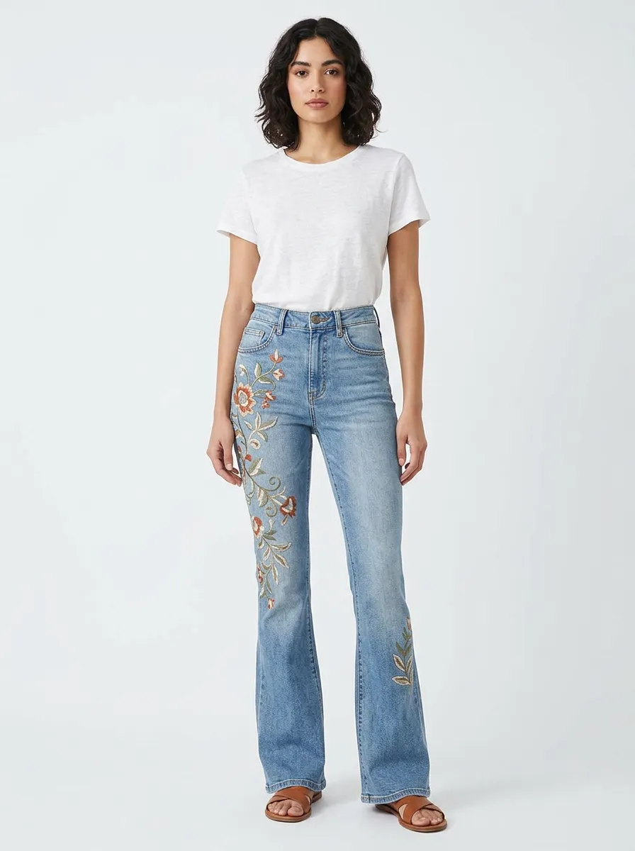 Women's Light Wash Floral Embroidered Flare Jeans