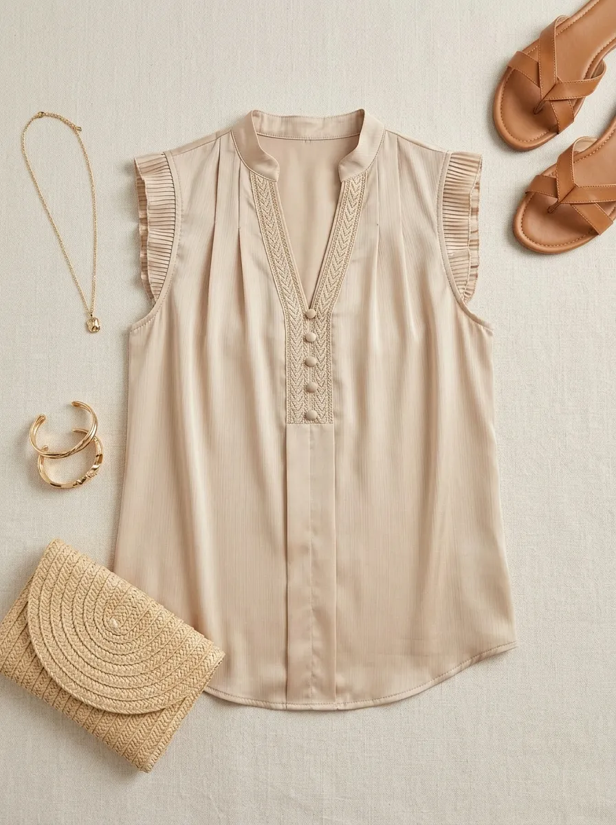 Pleated Trim Button V-Neck Sleeveless Blouse