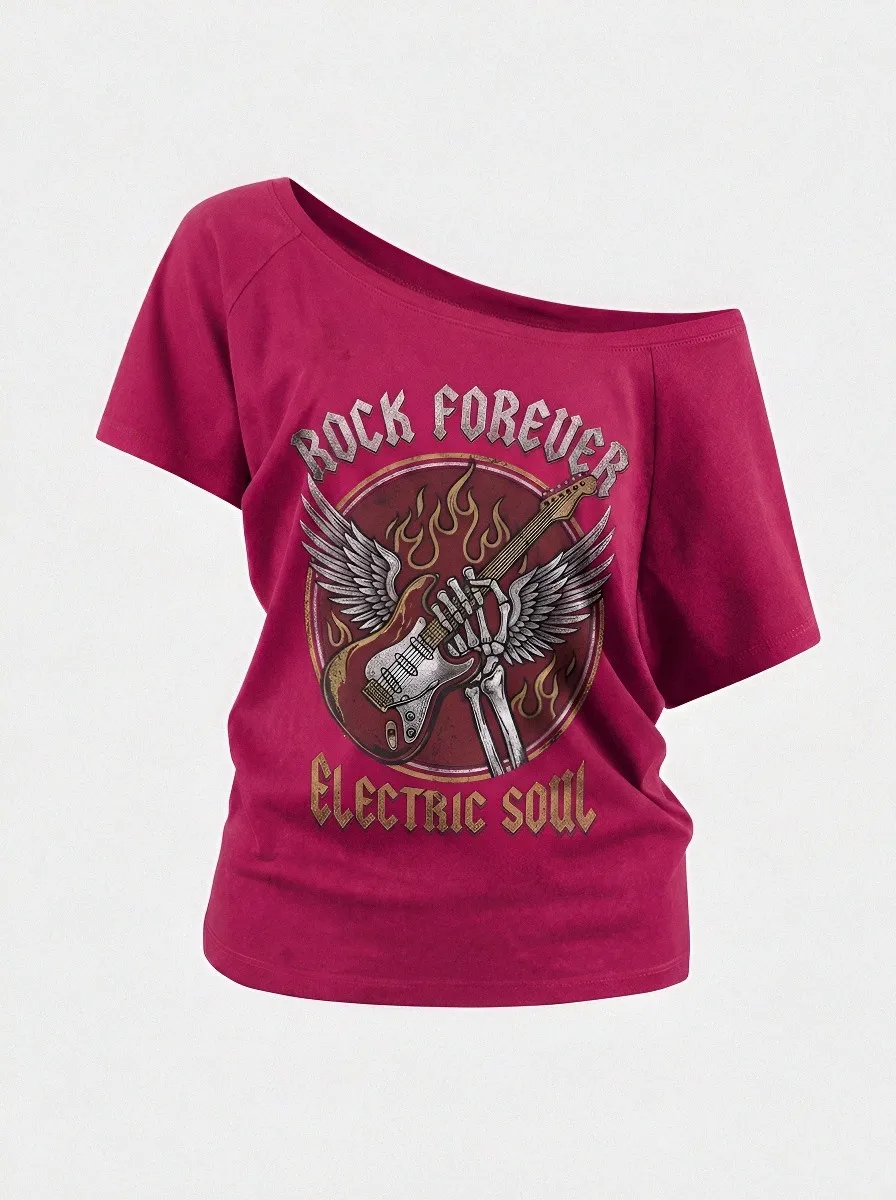 Women's Rock Music Lover Skeleton Guitar Wings Printed Off-Shoulder Top