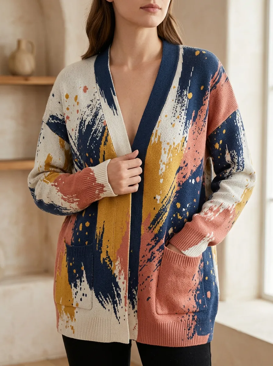 Women's Abstract Paint Splatter Pattern Printed Ribbed Trim Casual Layering Cardigan