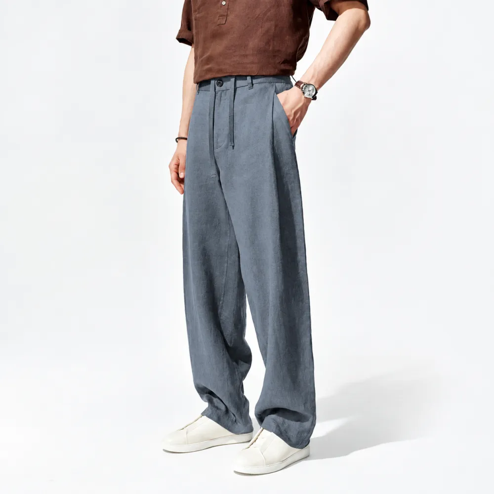 Men's Heavyweight Pure Linen Straight-Leg Casual Trousers – 