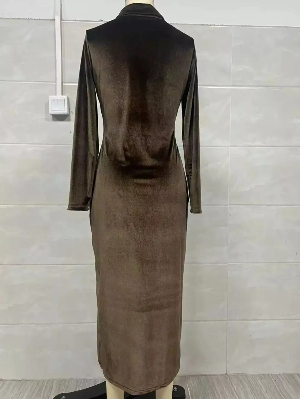 Velvet Zip-Front Slit Midi Dress