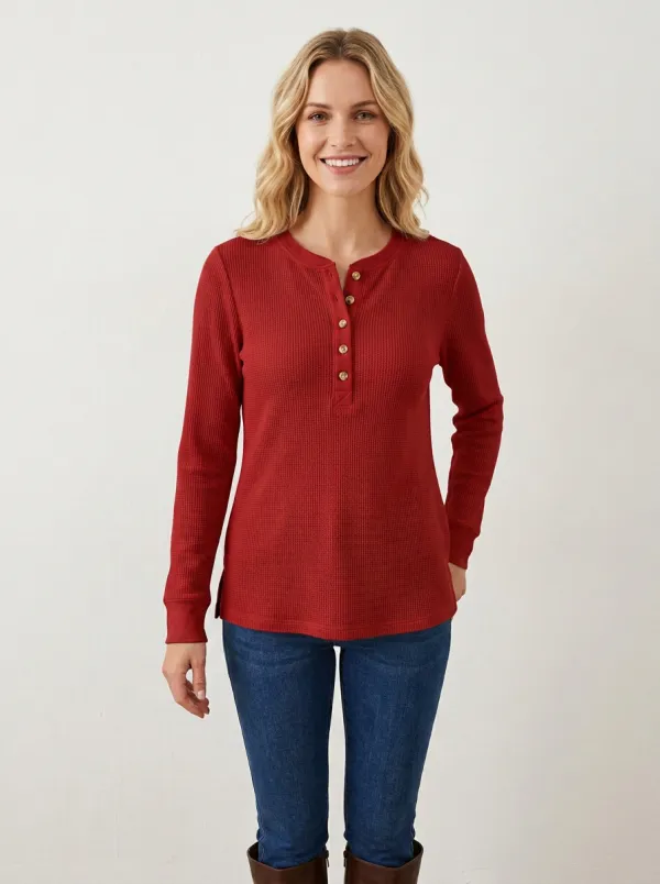 Women's Casual Basic Solid Waffle Knit Button Henley Shirt