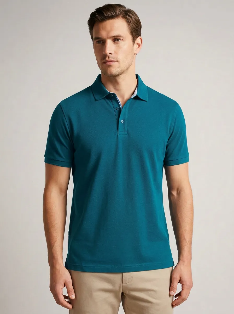 Men's Navy Blue Solid Color Casual Printed Polo Shirt