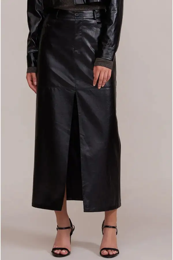 Black Faux Leather Slit Midi Skirt