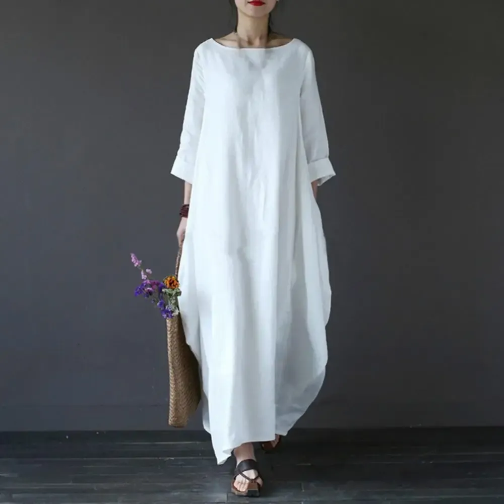 Linen Blend Cotton Blend Maxi Side Slit Dress