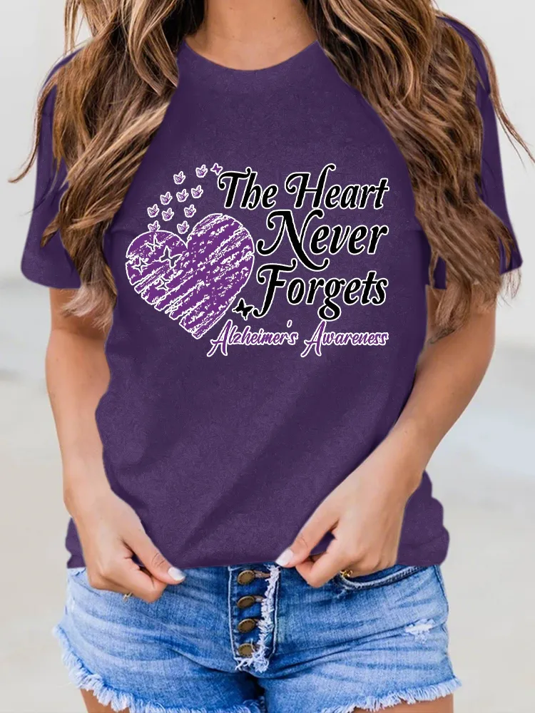 Women's The Hart Never Forgets Alzheimer's Awareness Round-Neck Short-Sleeved T-Shirt