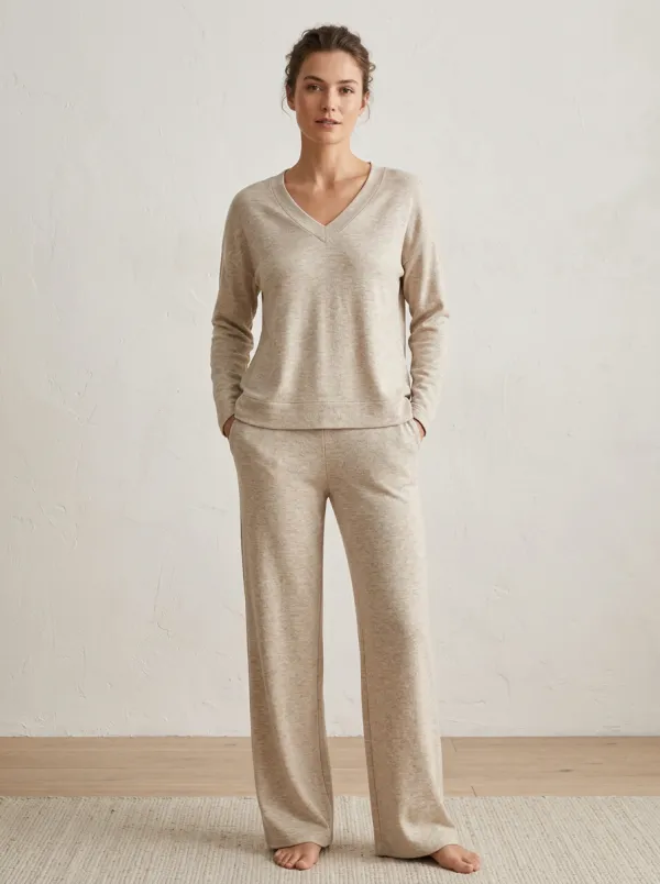 Refined Short-Sleeve Ribbed Women's V-Neck Casual Lounge Set