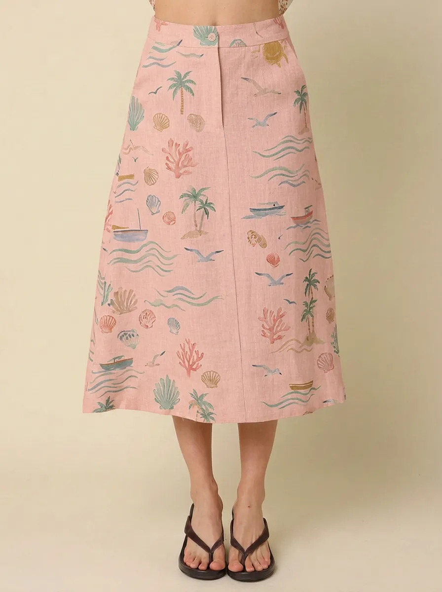 Women's Beach Vacation Tropical Seashell Palm Tree Printed Midi Skirt