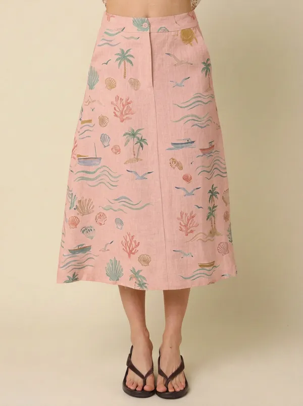 Women's Beach Vacation Tropical Seashell Palm Tree Printed Midi Skirt