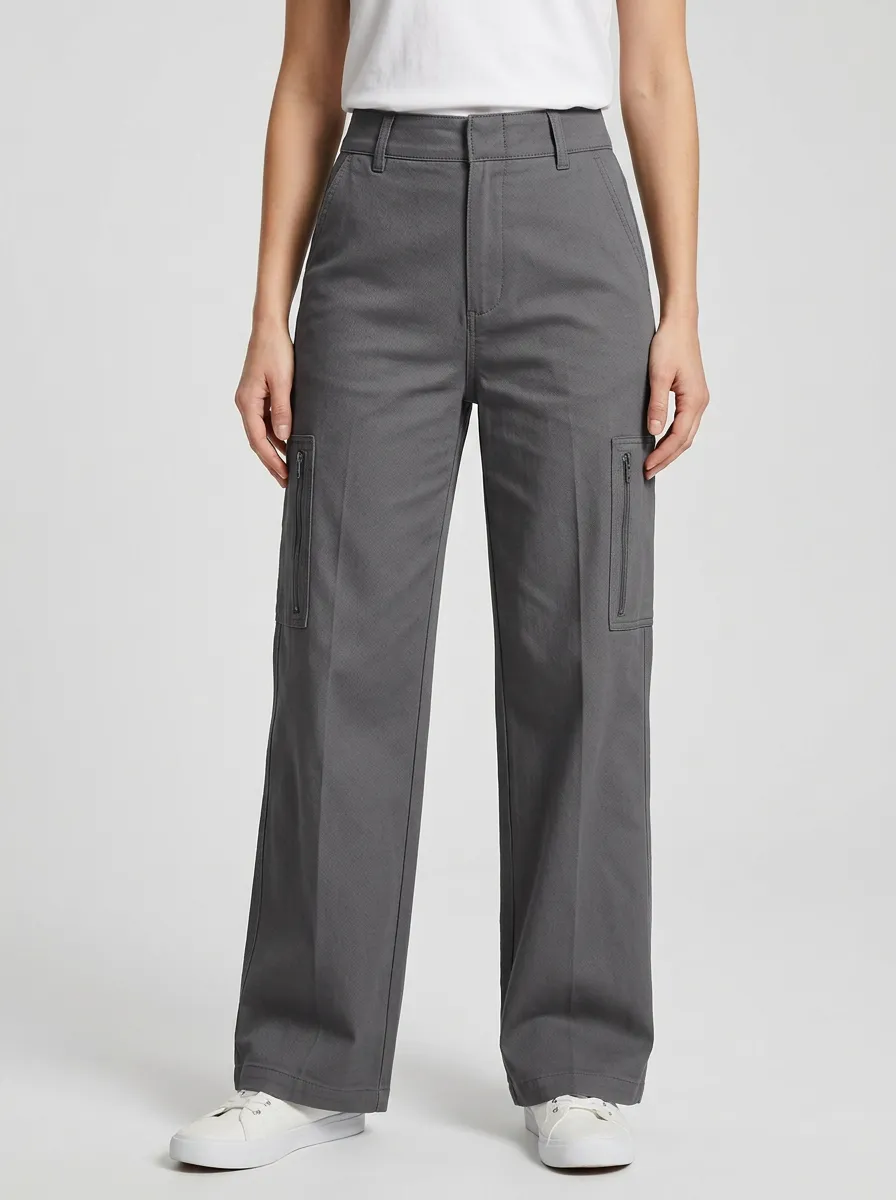 Women's Button-Flap Pocket Vertical Zip-Pocket High-Rise Straight-Leg Cargo Pants