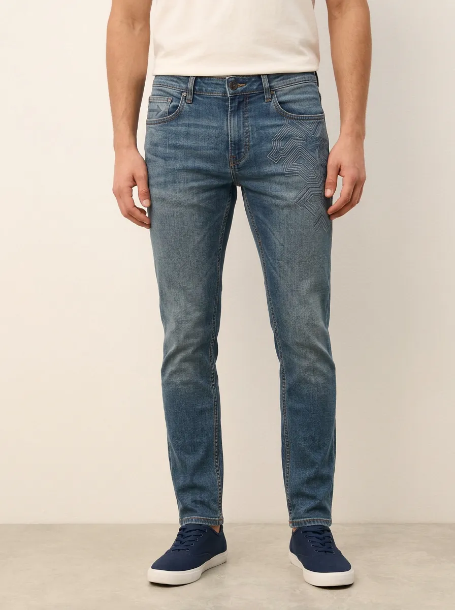 Men's Mid-Blue Geometric Pattern Embroidered Stretch Jeans