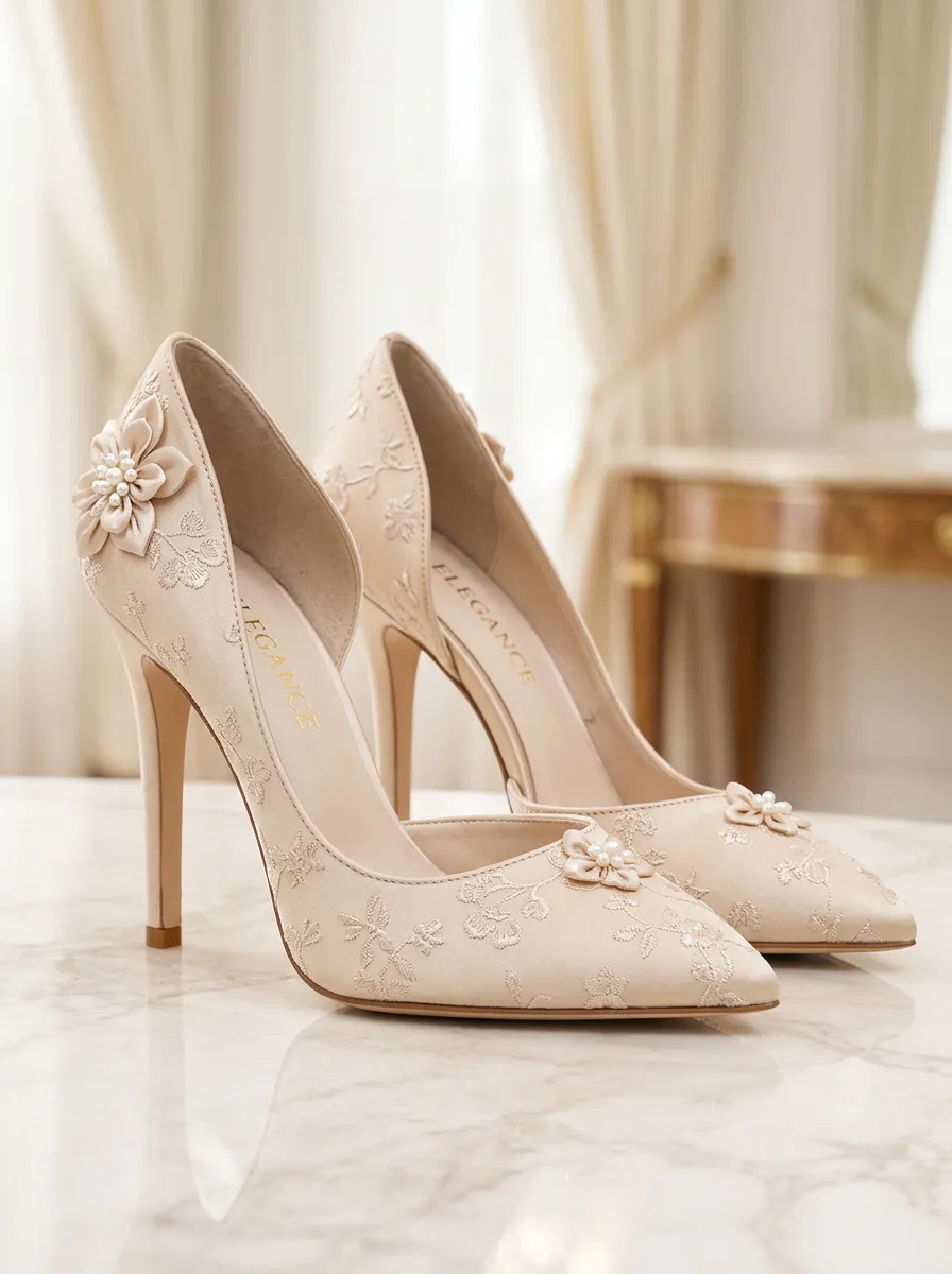 Pearl Floral Pointed-Toe Bridal-Inspired Women's Formal High Heels
