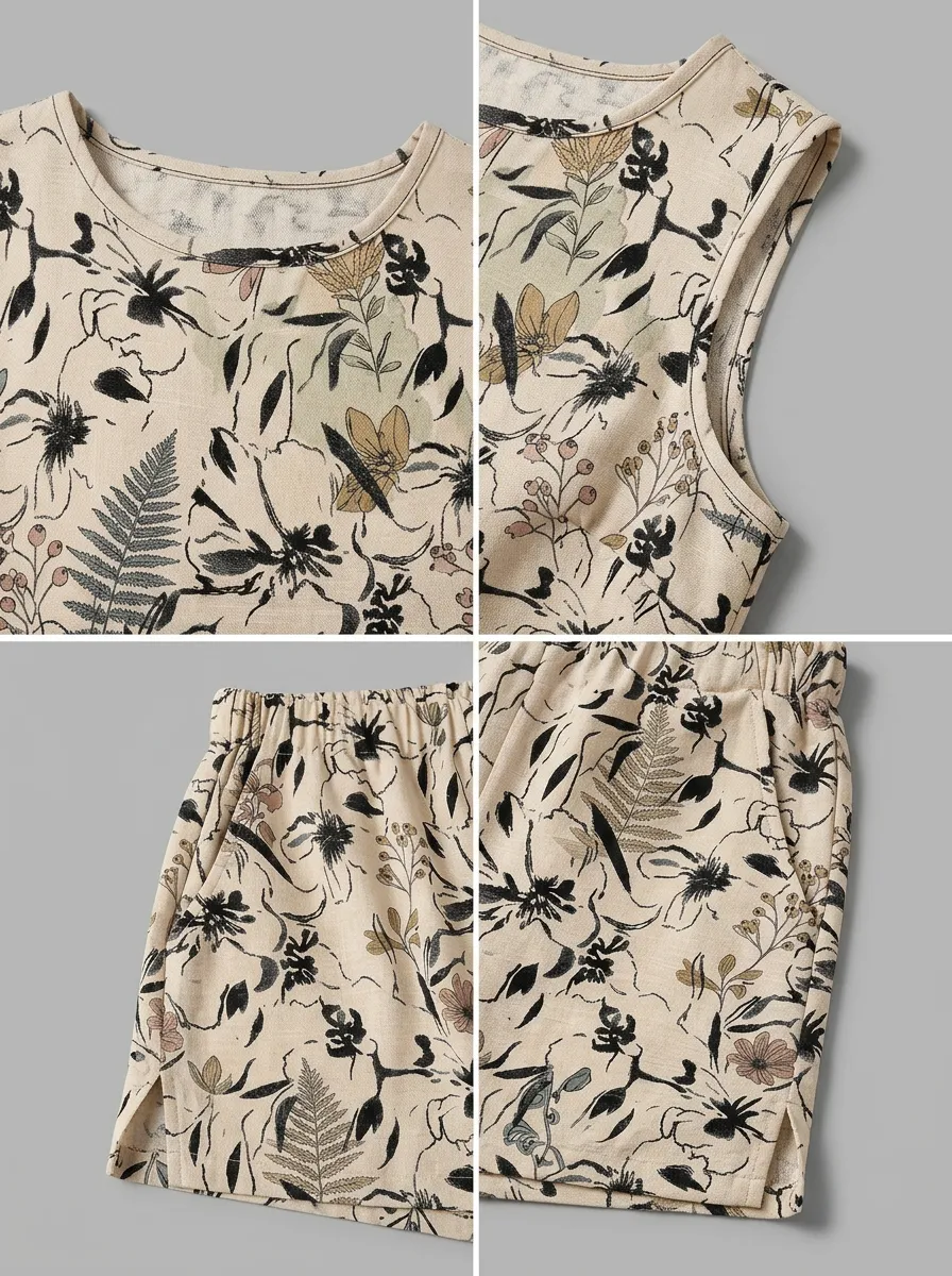 Women's Botanical Floral Fern Printed Sleeveless Shorts Set