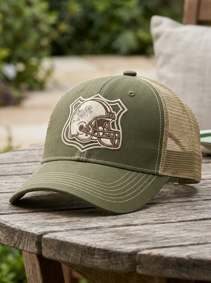 Men's Gridiron Football Fan Olive Helmet Embroidered Mesh Trucker Hat