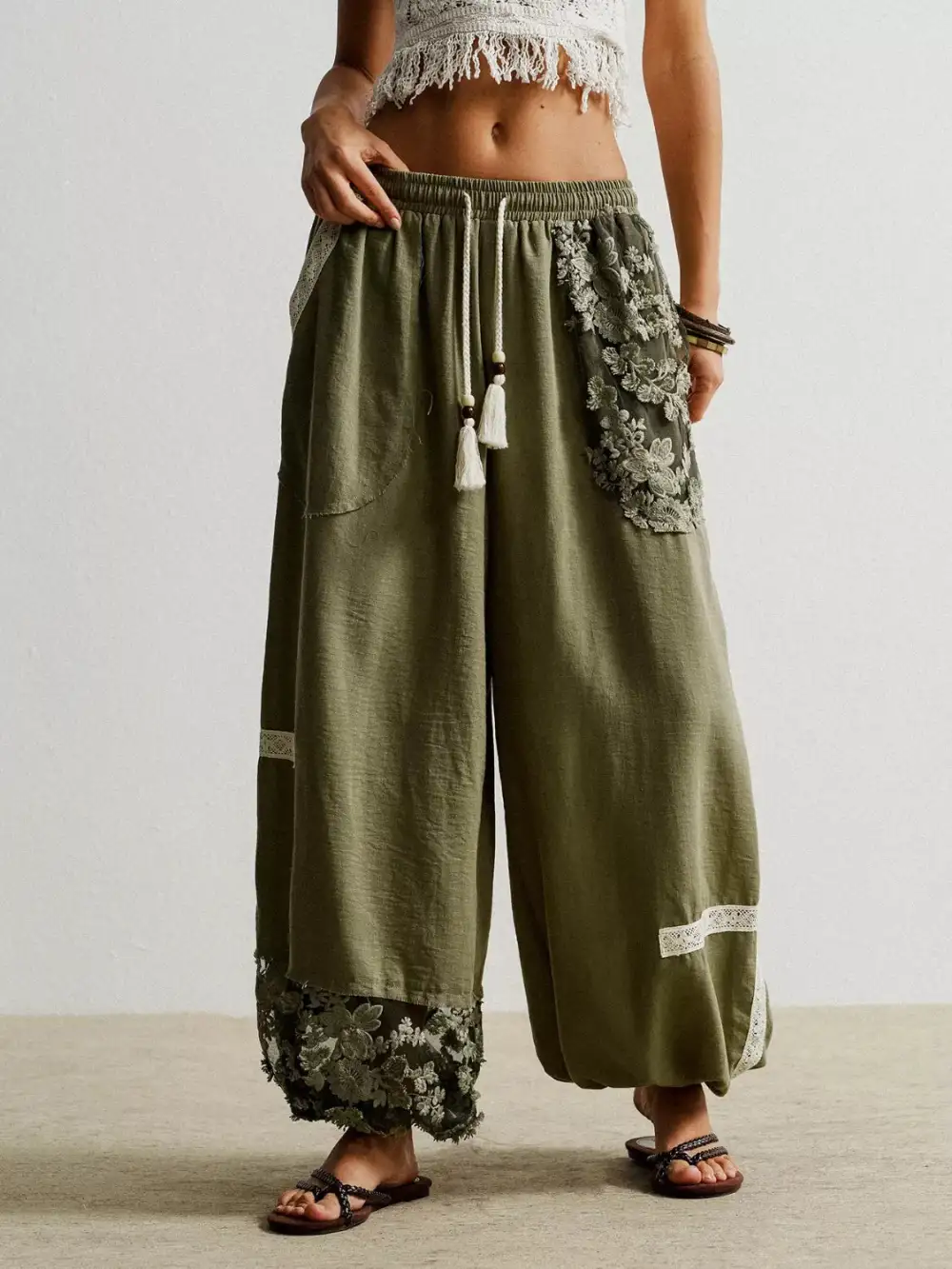 Harem Drawstring Lace Trim Pocketed Pants