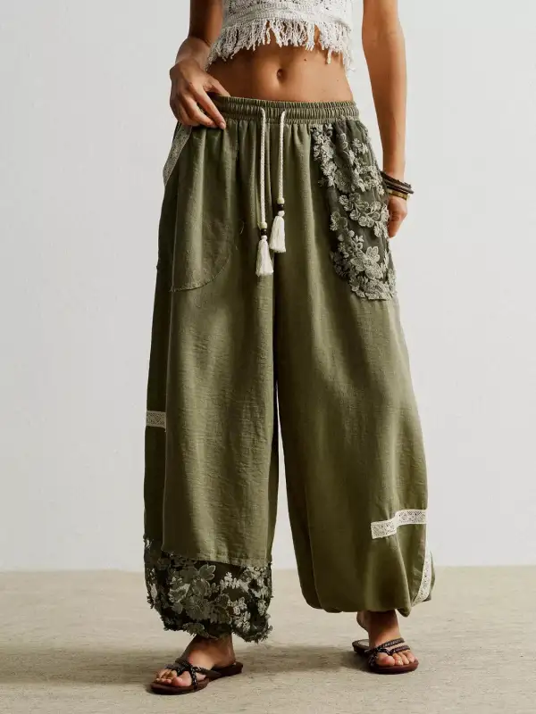 Harem Drawstring Lace Trim Pocketed Pants