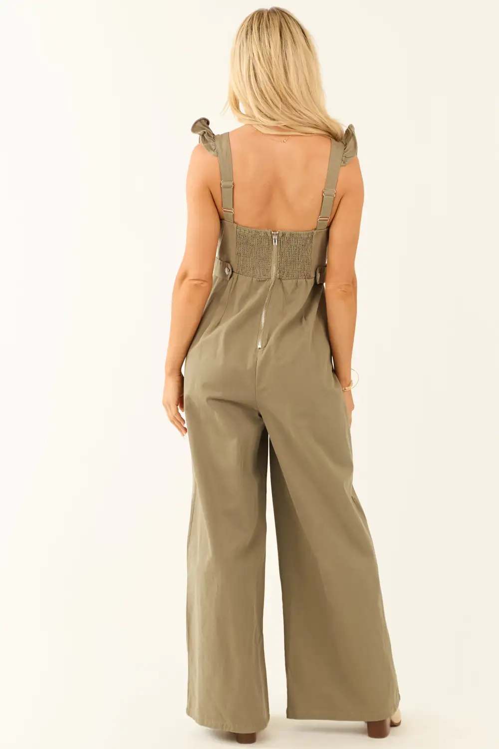 Olive Sleeveless Ruffle Strap Wide Leg