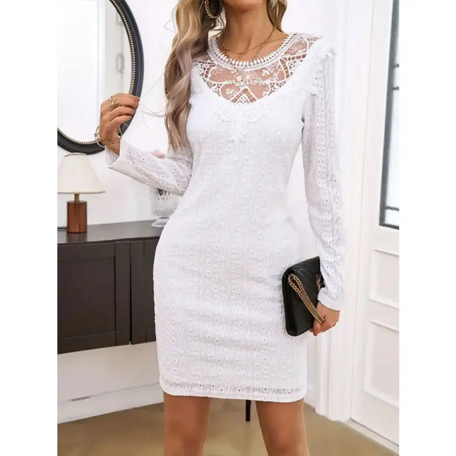 Lace Detail Round Neck Long Sleeve Mini Dress