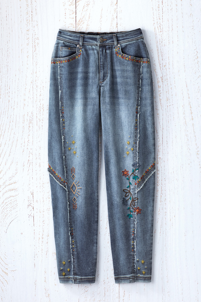 Embroidered Lantern-Leg Jeans