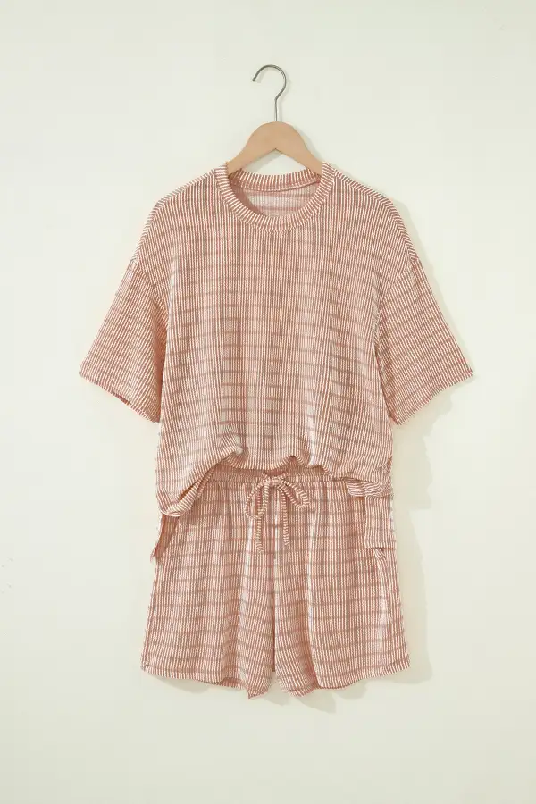 Women's Raised Rib Loose Tee Drawstring Elastic Waist Two Piece Short Set