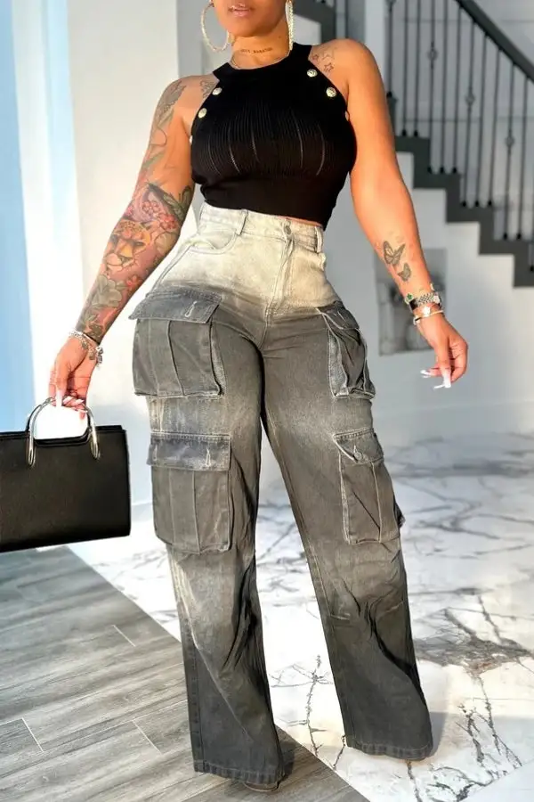 Washed Gradient Multi-Pocket Jeans