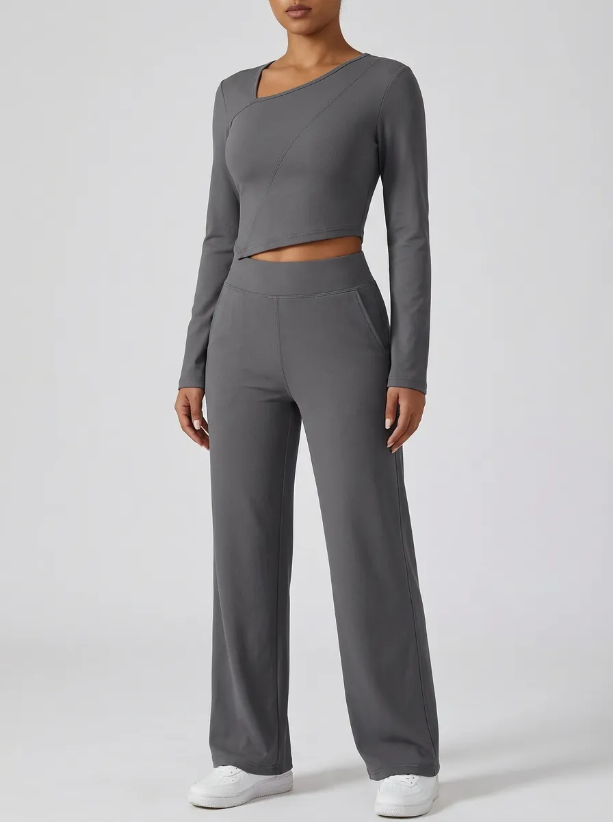 Women's Layered Asymmetric Crop Top and Wide-Leg Trouser Set