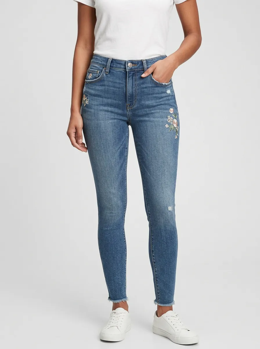 Women's Waypoint Floral Embroidery Distressed Printed Slim Jeans