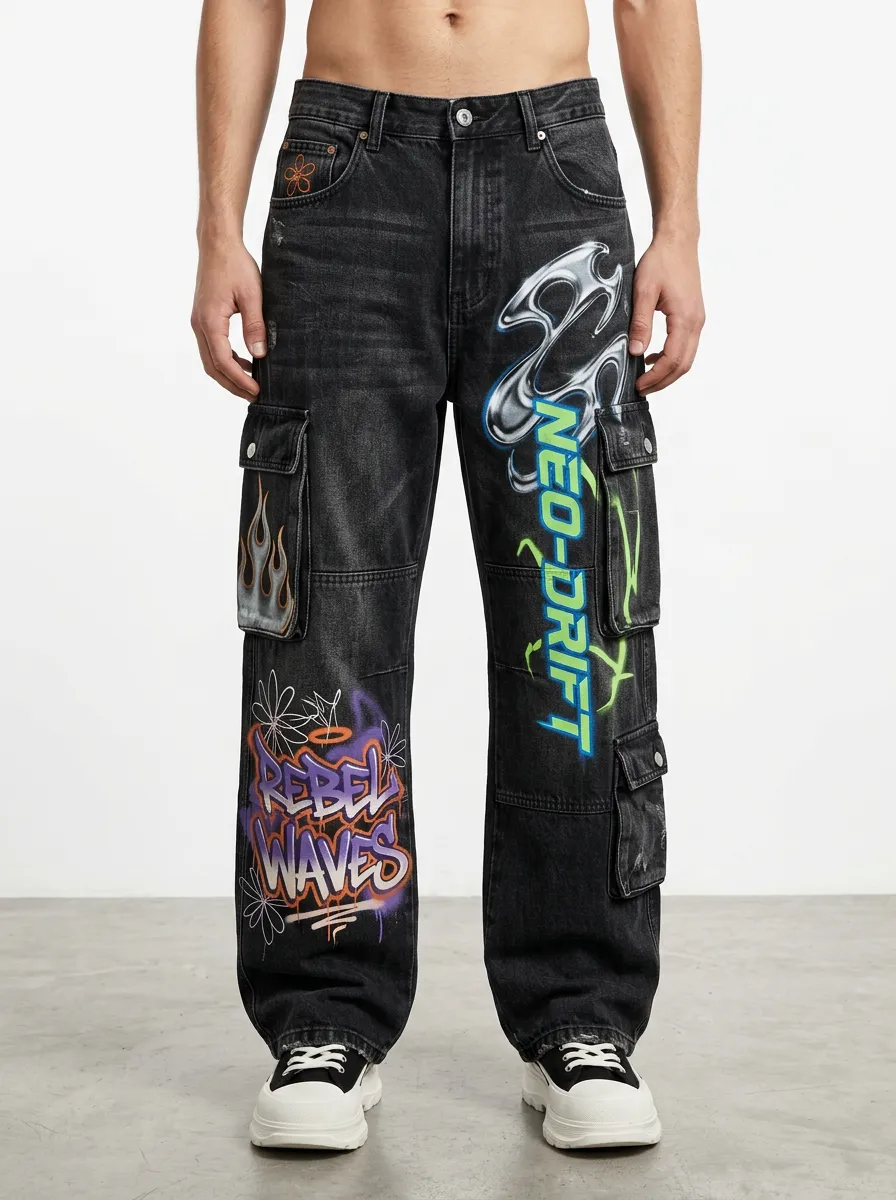 Men's Streetwear Neo-Drift Graffiti Graphic Cargo Jeans