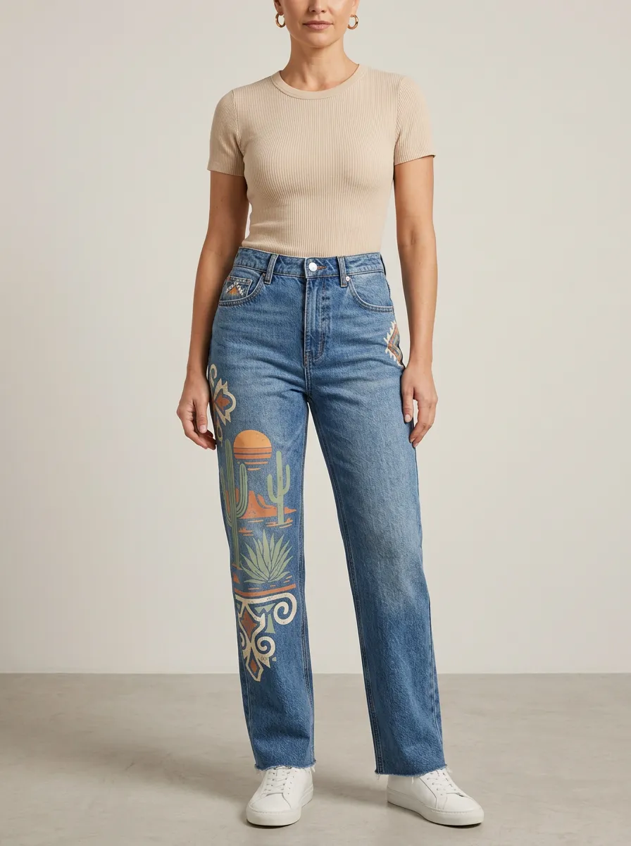 Women's Western Desert Cactus Sunset Printed Straight Leg Jeans