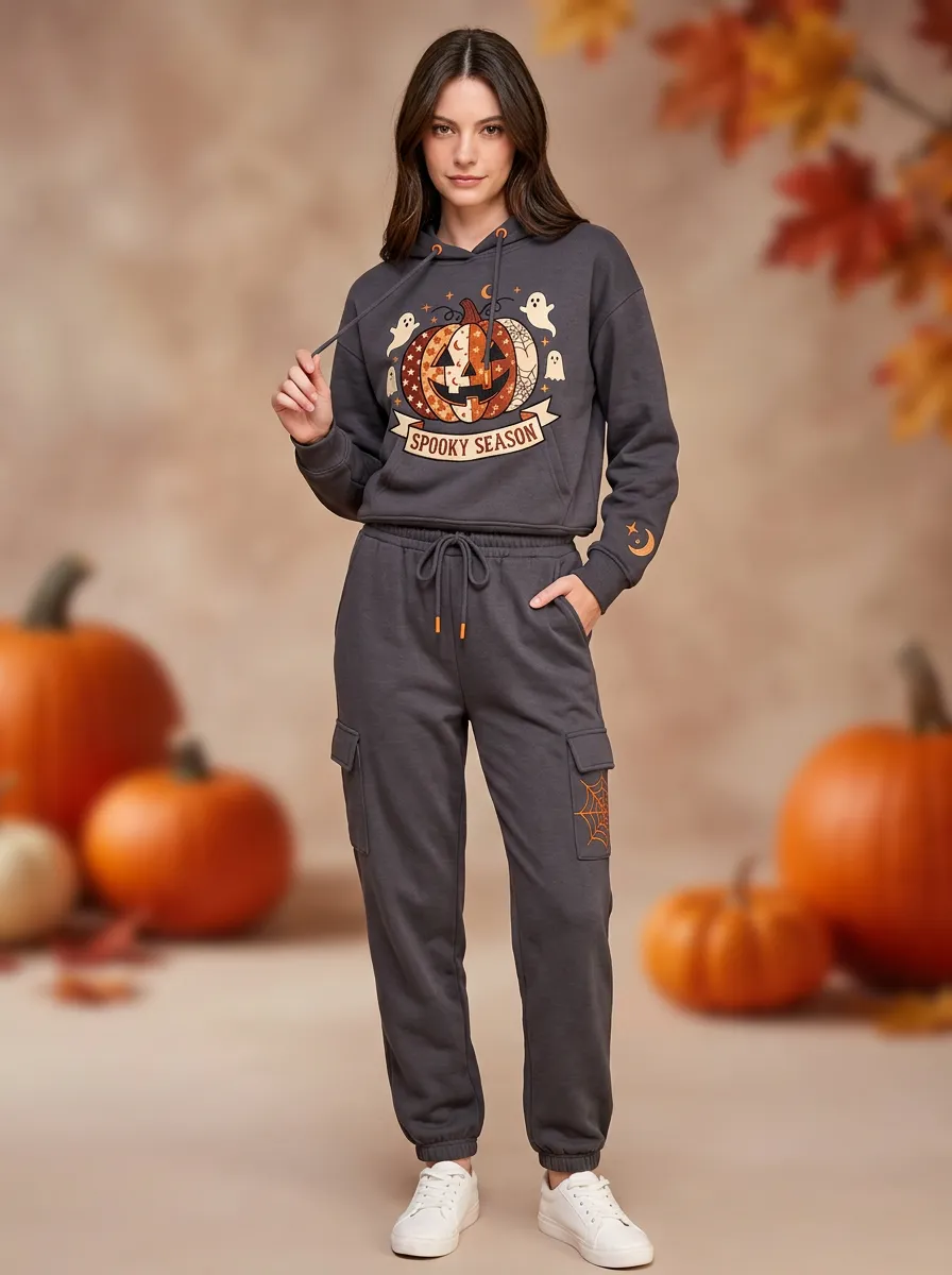Women's Halloween Spooky Season Pumpkin Ghost Printed Jogger Set