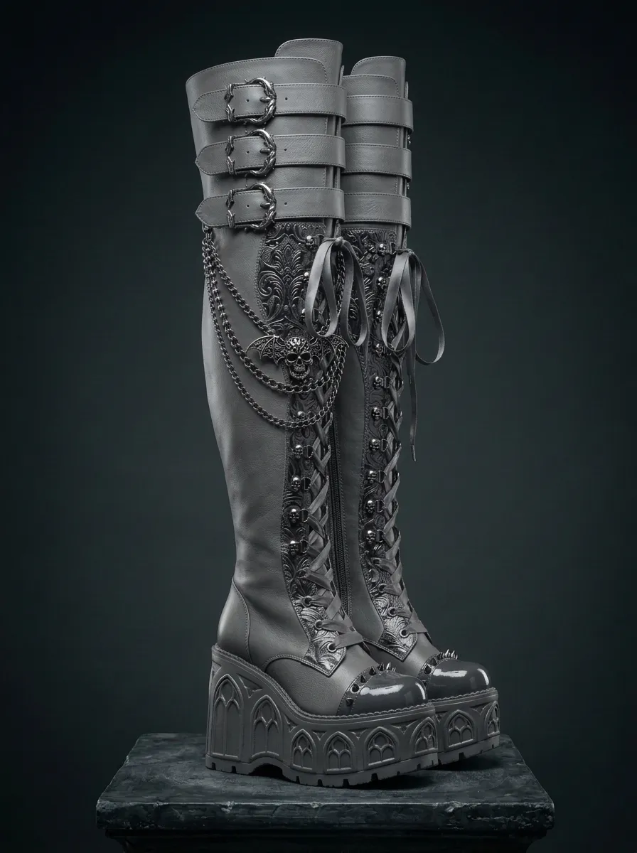Dark Skull Bat Chain Night Look Women's Gothic Platform Knee High Boots