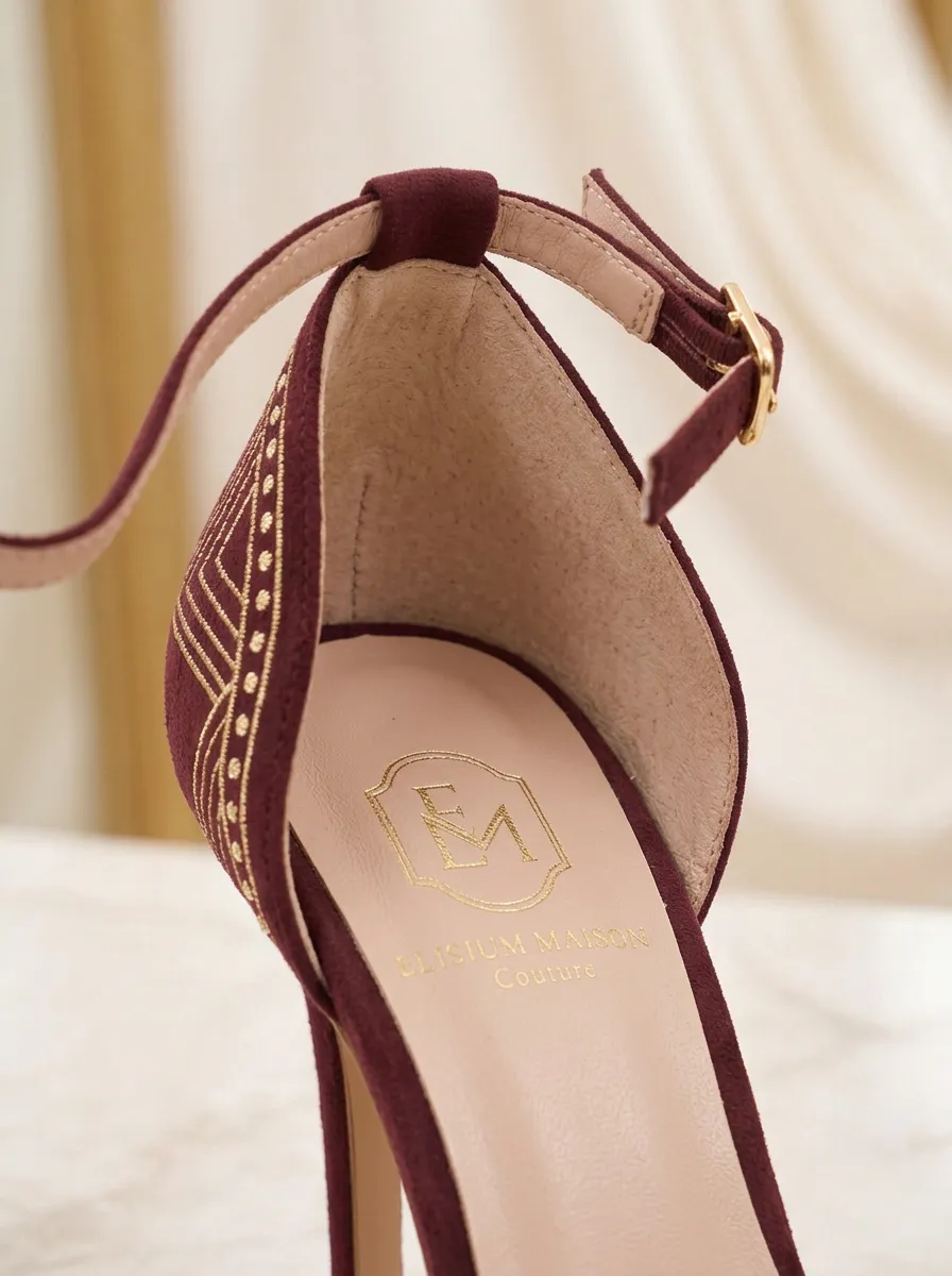 Embroidered Buckle-Strap Geometric Ankle-Strap Women's Formal High Heels