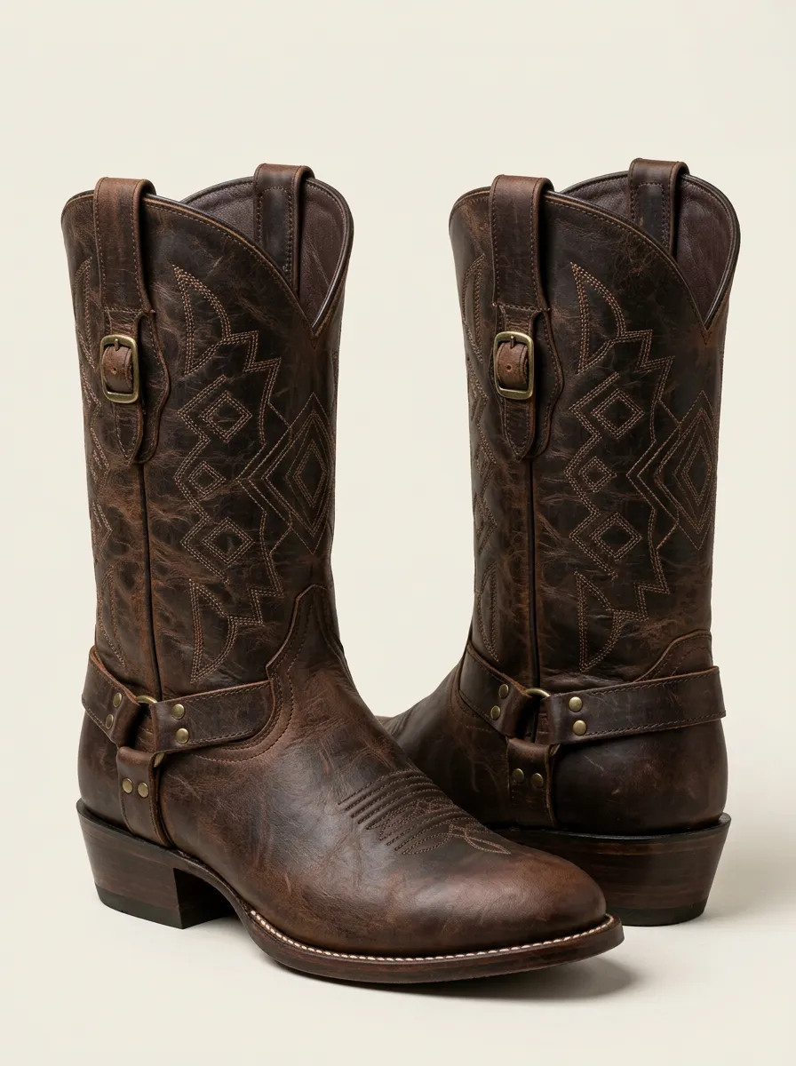 Men's Western Cowboy Brown Distressed Leather Buckle Printed Boots