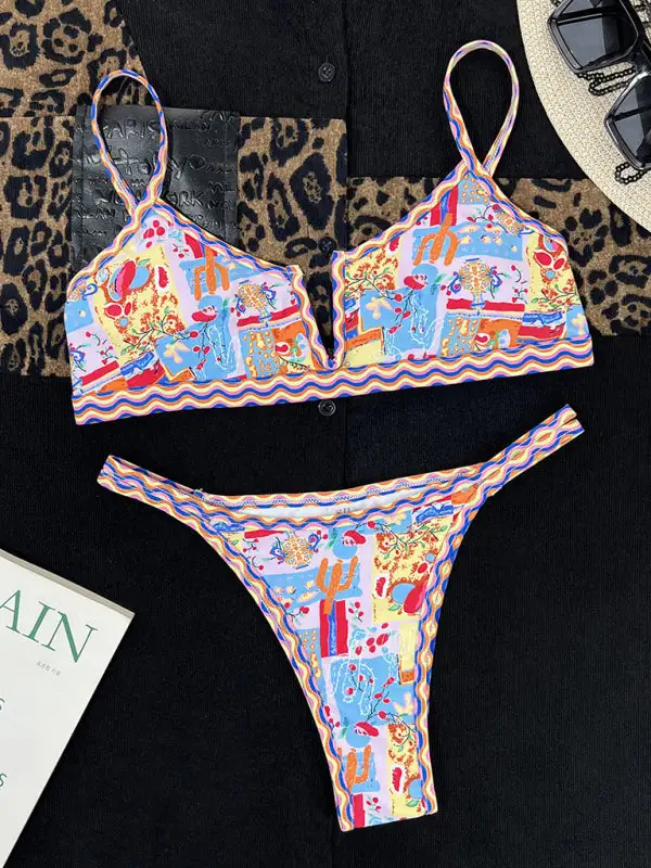 Split Small V Neck Colorful Edge Swim Set
