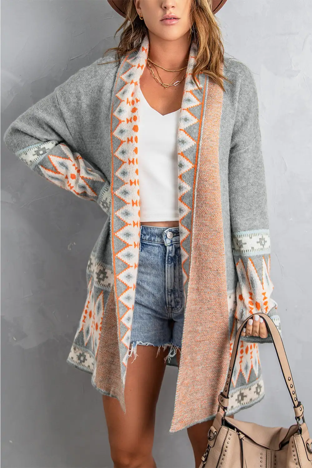 Aztec Print Open Front Knit Long Sleeve Cardigan