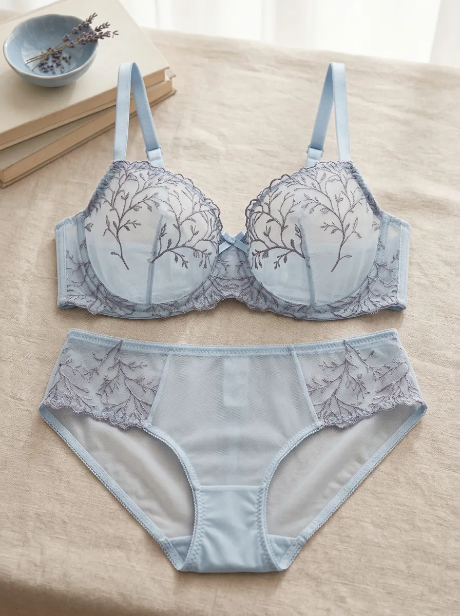 Women's Floral Embroidery Sheer Mesh Scalloped Lingerie Set