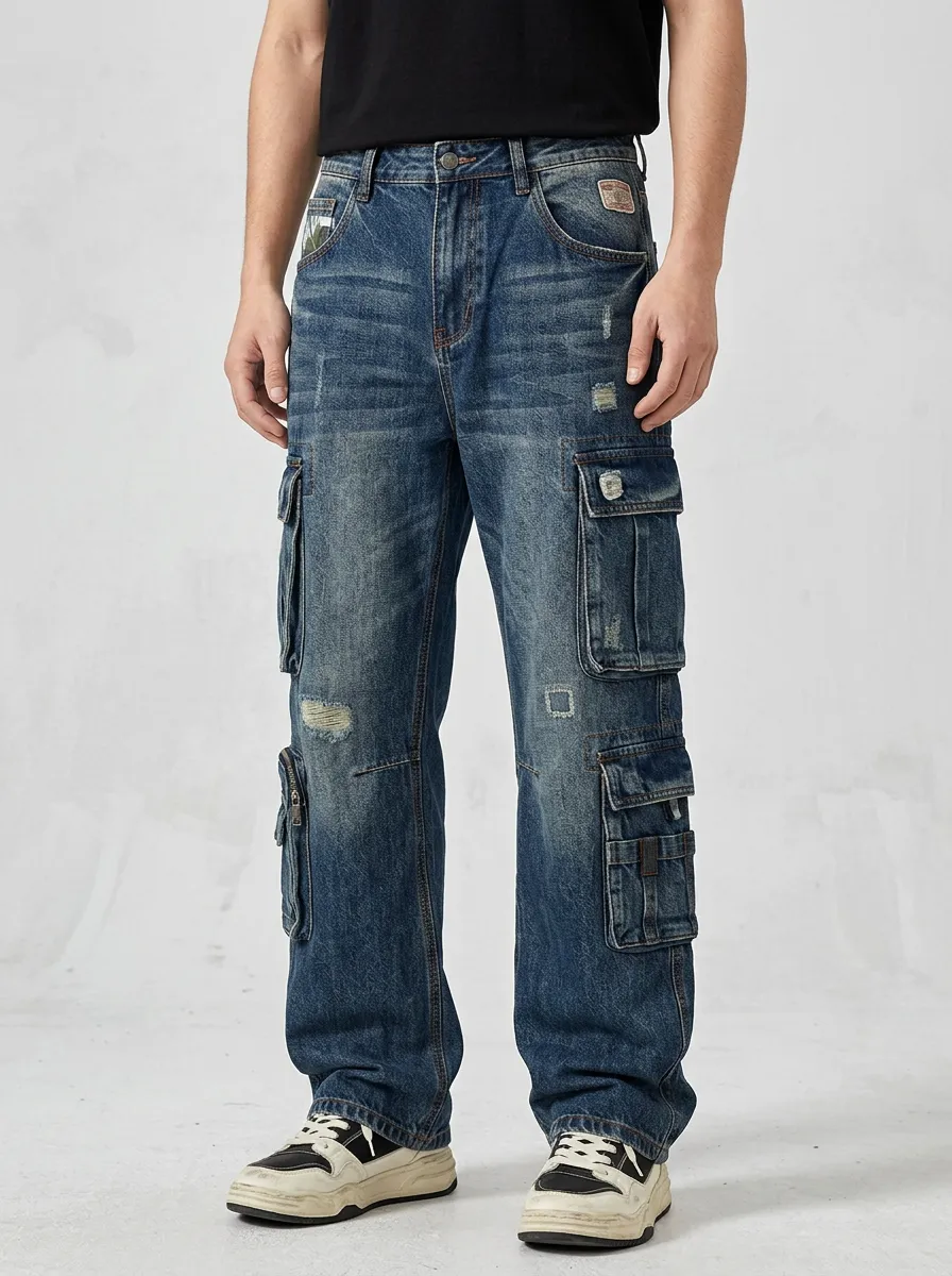 Men's Forge Streetwear Distressed Denim Multi-Pocket Cargo Jeans