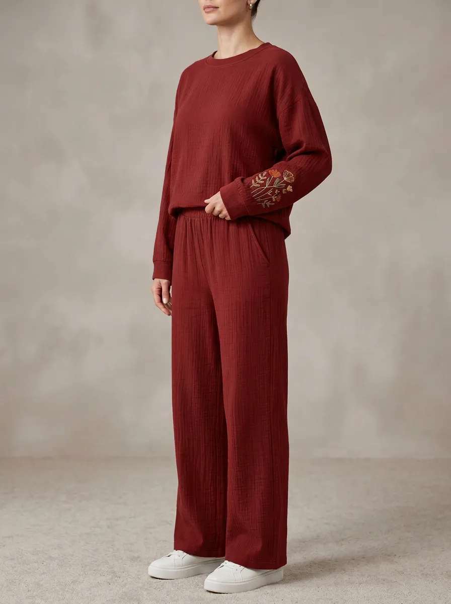 Women's Sleeve Floral Embroidered Crewneck Top And Wide-Leg Trouser Lounge Set